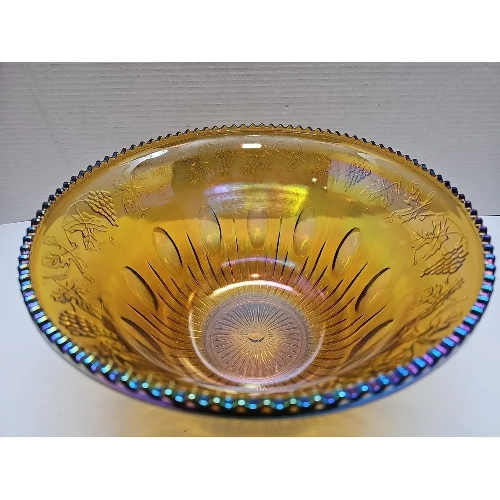 Indiana Carnival Glass Iridescent Amber Gold Grape Harvest 7QT Punch Bowl Vtg